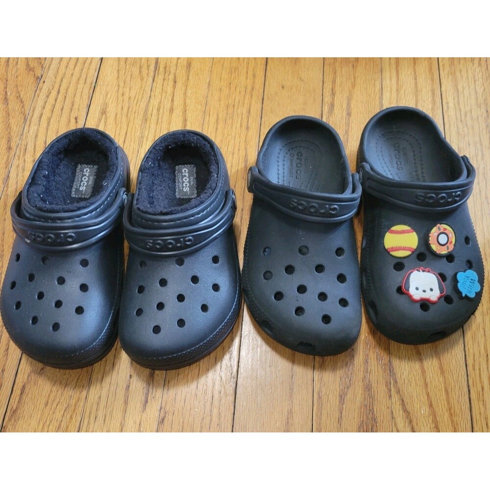 Sz 12 Kids TWO pairs Of Black CROCS Black Faux Fur Lined Clogs And Regualr